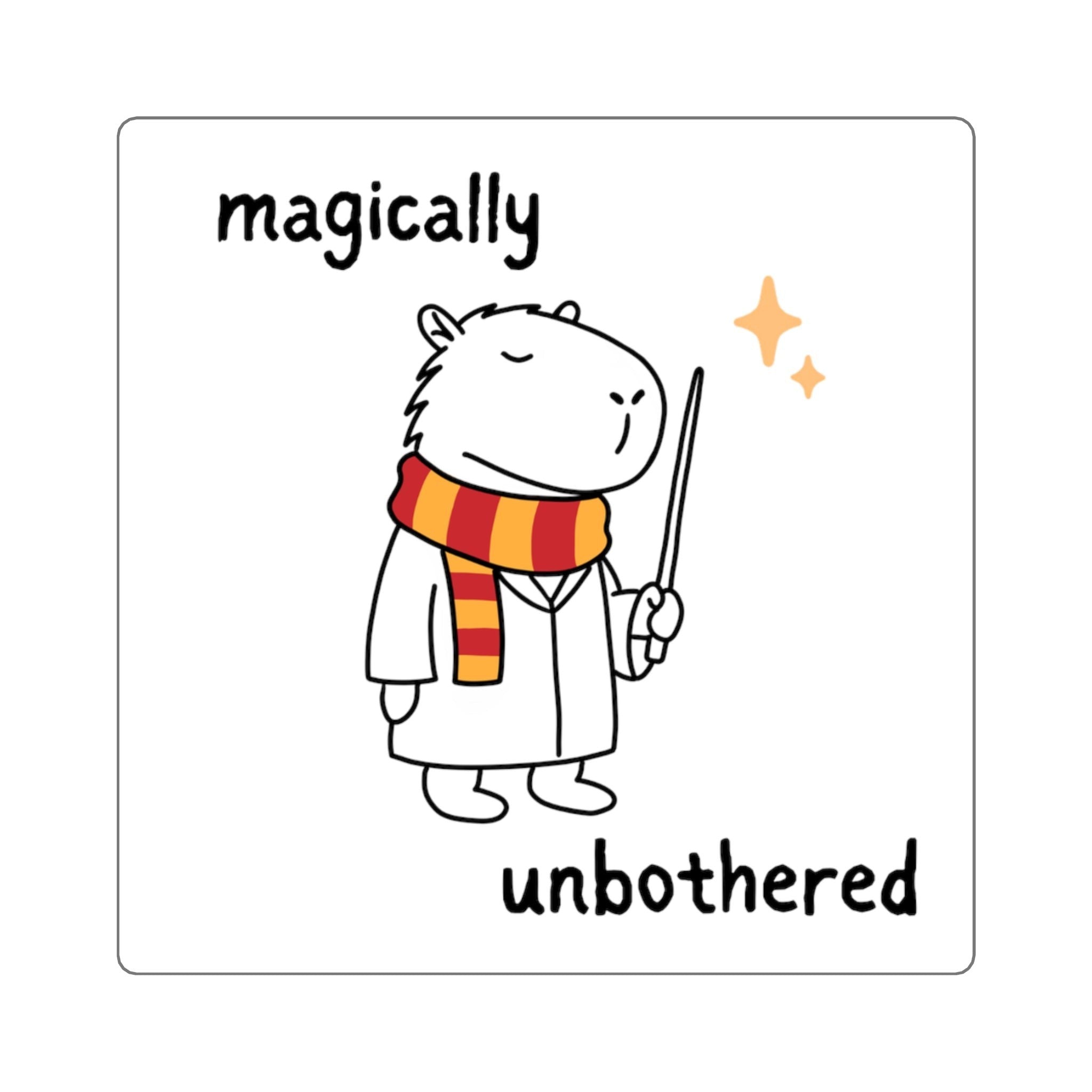 Capy Life vinyl sticker featuring a capybara in wizard robes and a red-gold scarf holding a wand with magical sparkles.