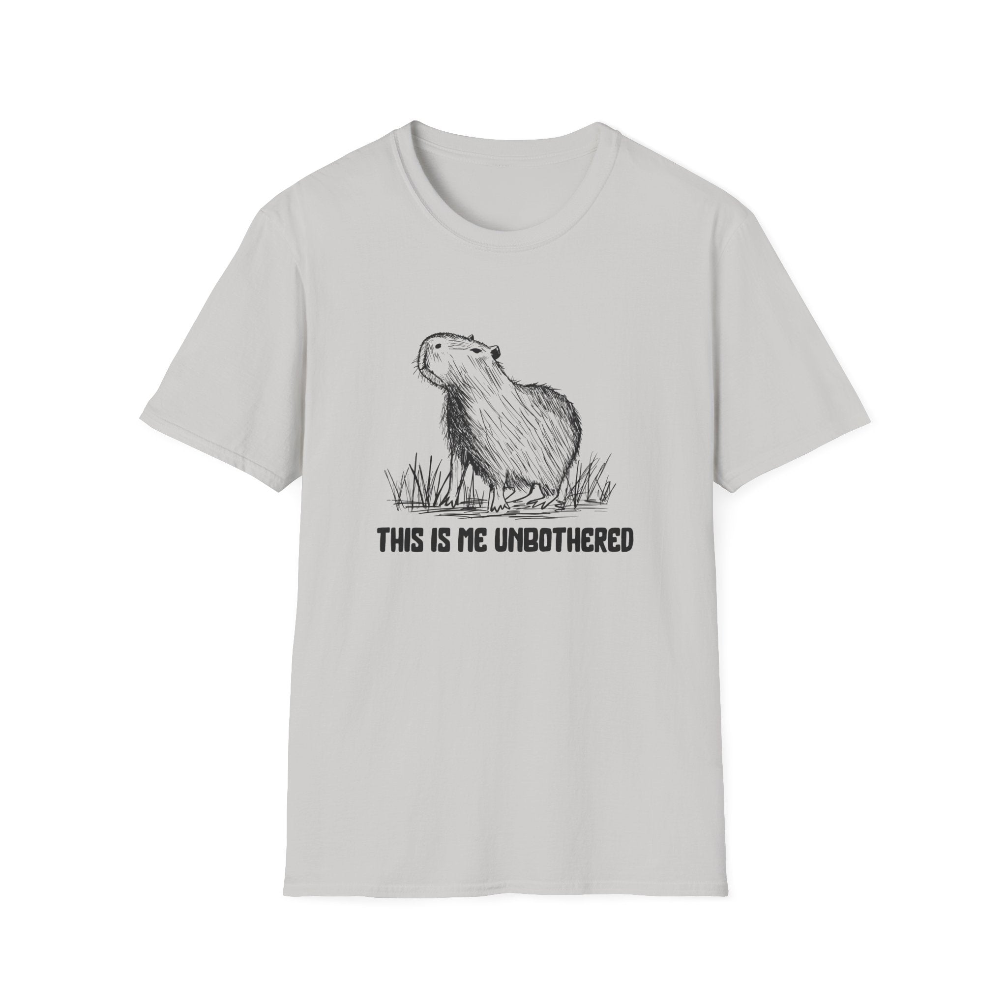 Gray tshirt with a hand drawn capybara and the saying "This is me unbothered"