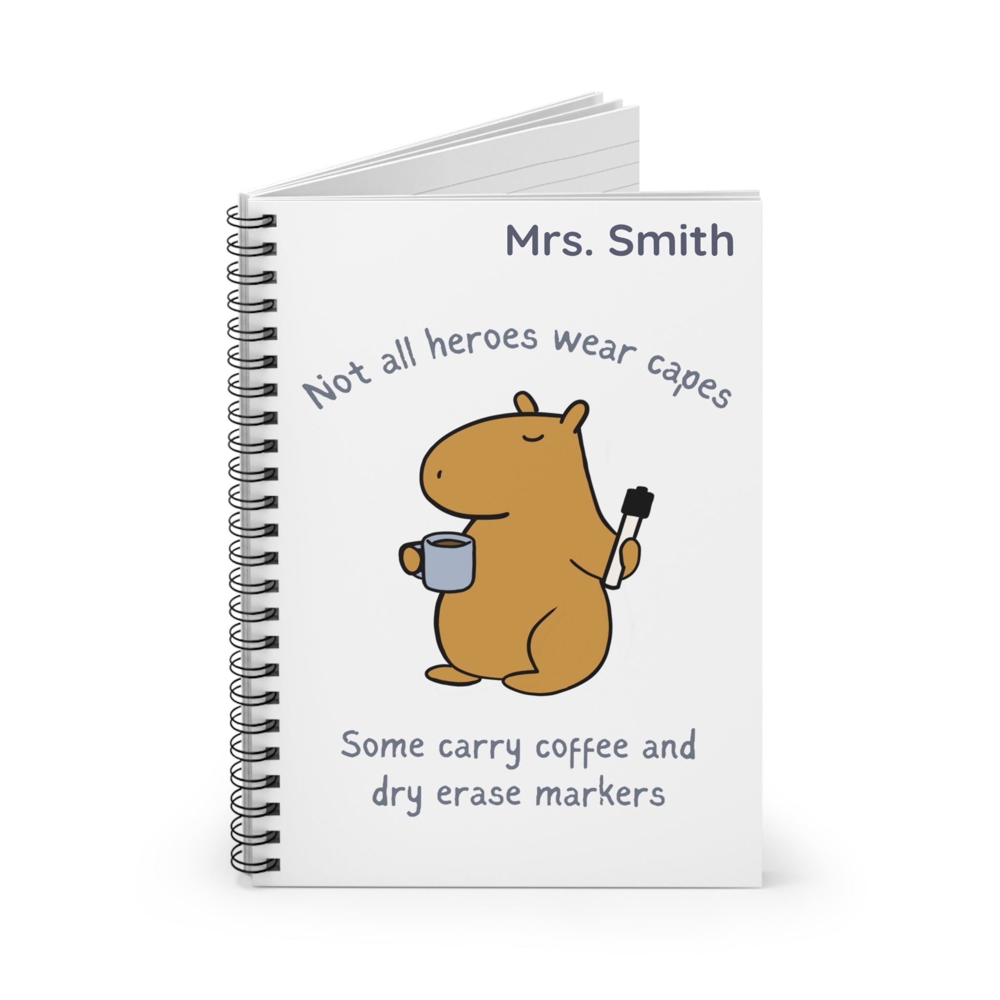 personalized notebook with a capybara teacher holding a coffee mug and a dry erase marker