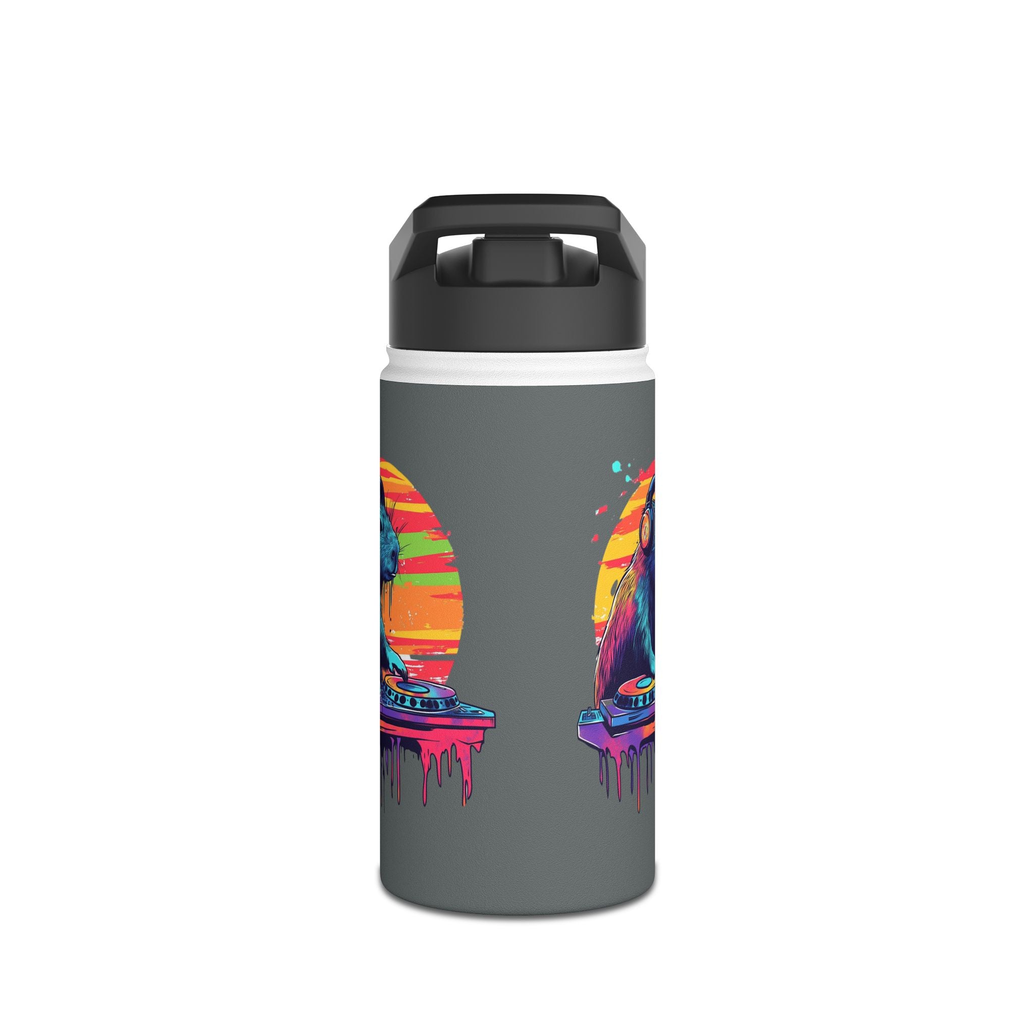 Music Lover Kids Water Bottle – DJ Capybara – Drippy Sun Design – 12oz Stainless Steel Bottle – Back to School or Birthday Gift - Matching Lunchbox