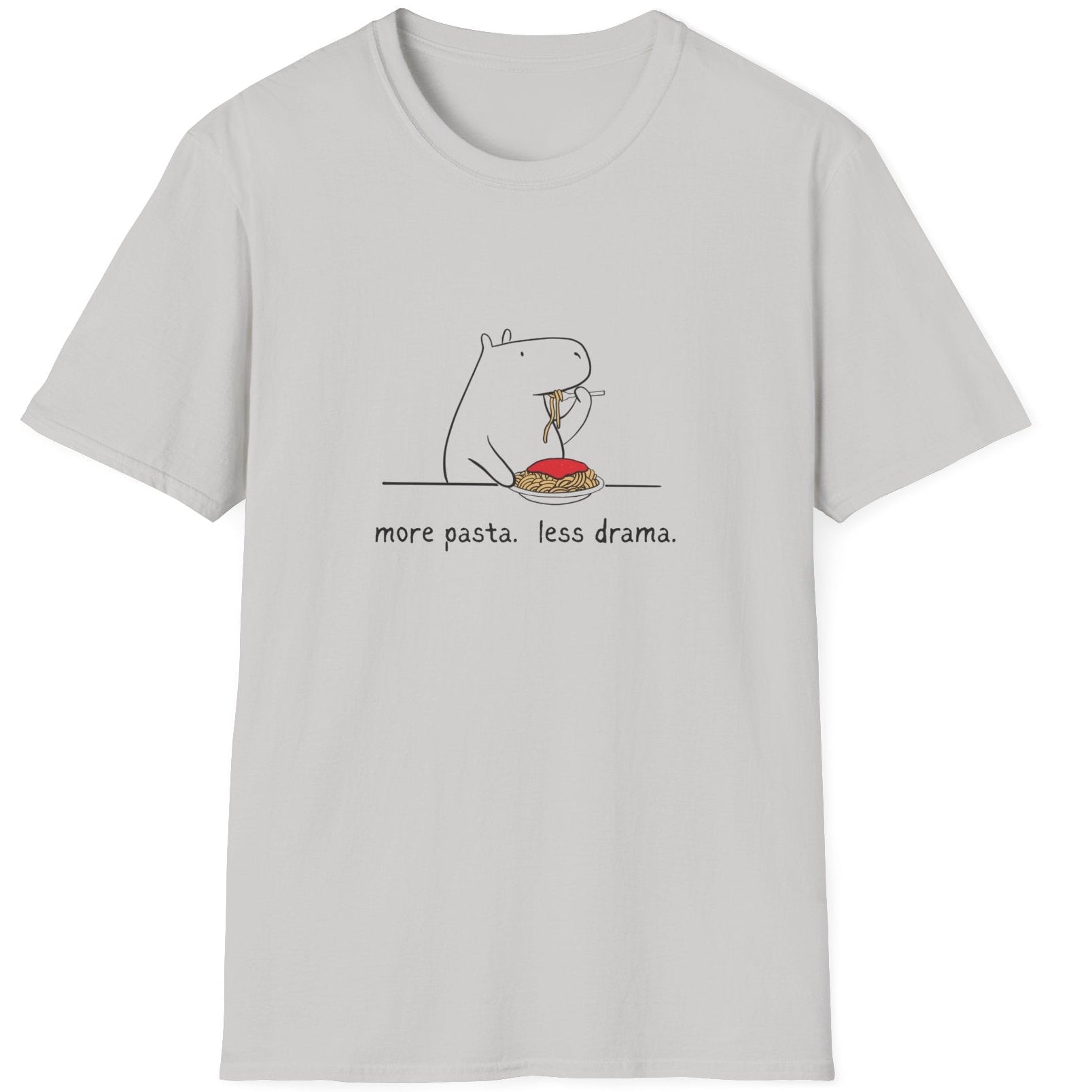 Gray t-shirt with a capybara eating pasta and humorous text design on a white background