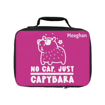 Personalized pink lunchbox with white outline design of a capybara character and text "No cap, just Capybara