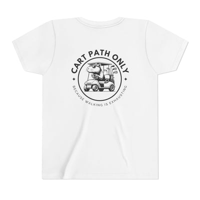 White t-shirt with text "Cart Path Only" and graphic of a capybara riding a golf cart