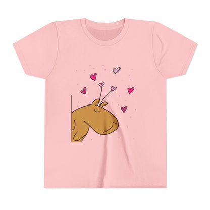 Pink t-shirt with illustration of a capybara surrounded by heart shapes and Valentine's Day-themed graphics