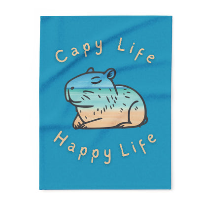 Capybara Beach Scene Blanket – “Capy Life Happy Life” Relaxing Sunset Animal Design