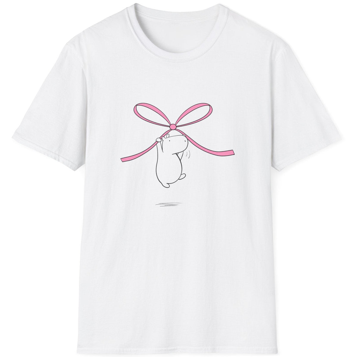 White t-shirt with a pink bow and capybara graphic on a white background