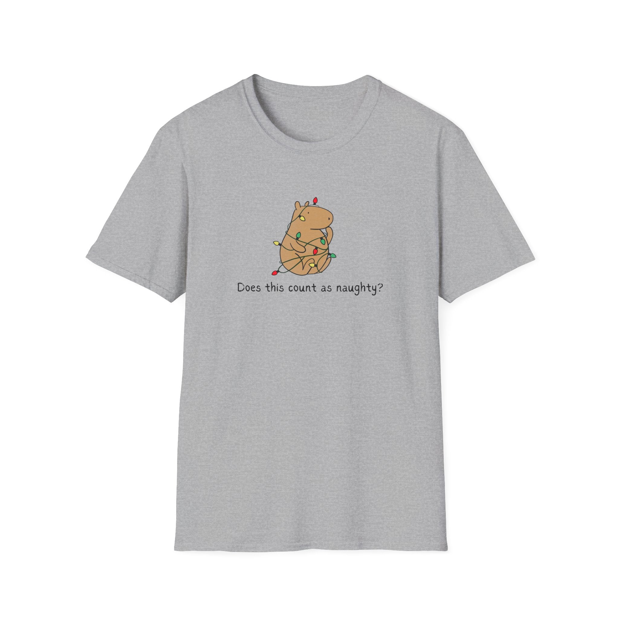 Gray t-shirt with a capybara tangled in christmas lights and the humorous phrase "Does this count as naughty?"