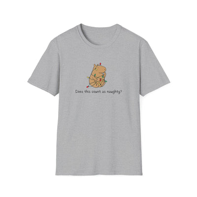 Gray t-shirt with a capybara tangled in christmas lights and the humorous phrase "Does this count as naughty?"