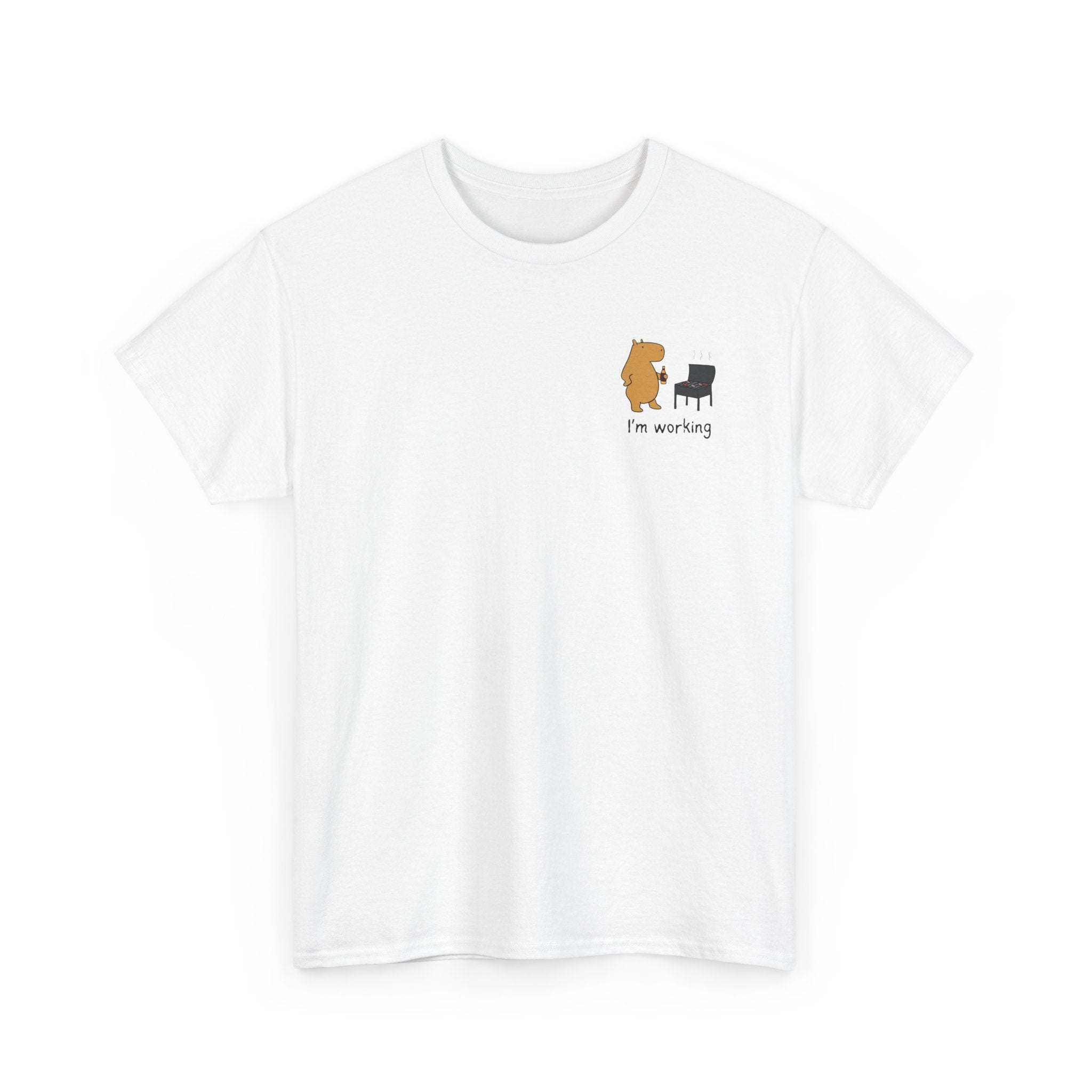 "I'm working"- Funny Grilling Capybara Left Logo Heavy Tee