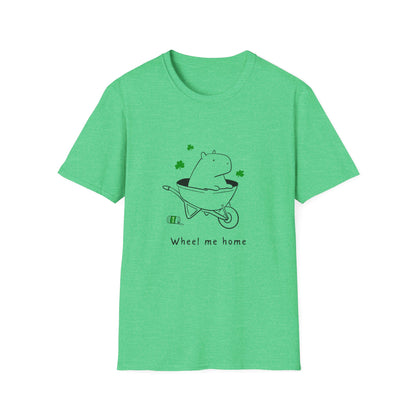 Green t-shirt with a cartoon capybara in a wheelbarrow and clover leaves, text says "Wheel me home