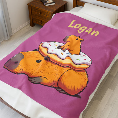 Personalized Capybara Blanket | Custom Name Kids Blanket with Donut & Baby Capybara