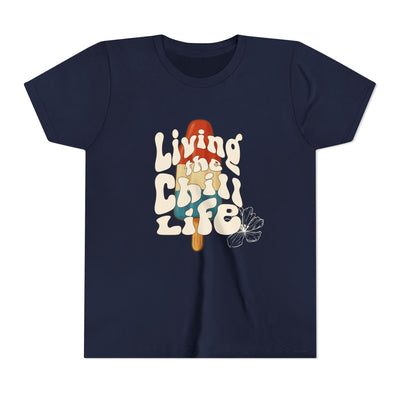 Unisex youth t-shirt with vibrant "Living the Chill Life" popsicle design in retro colors and patterns.