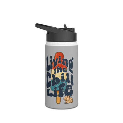 Personalized water bottle with retro-styled "Living the Chill Life" text and capybara illustration in vibrant colors.