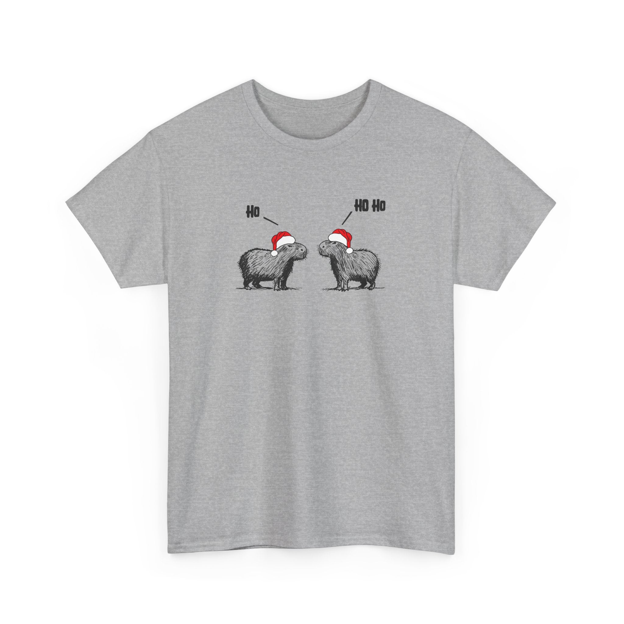 A heather gray short-sleeve crewneck t-shirt featuring a graphic of two capybara animals wearing red and white Santa hats, with 'Ho' text above them, displayed on a clean white background.