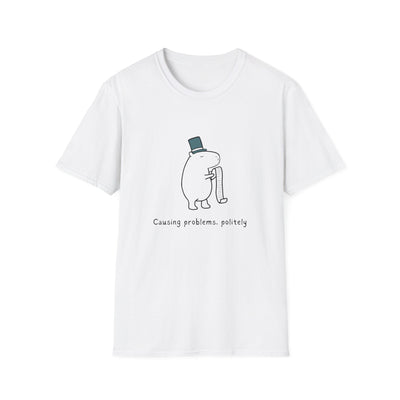 Minimalist white t-shirt featuring a cartoon capybara wearing a top hat with text "Causing problems, politely