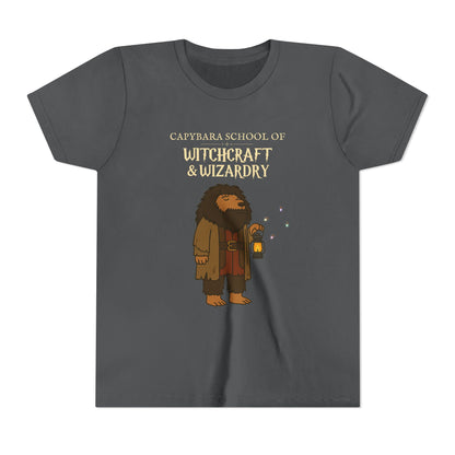 Whimsical Youth Tee - Capybara School of Witchcraft & Wizardry, Funny Hagrid Parody | Magical Fandom Gift |  Youth Capygrid Unisex Tee
