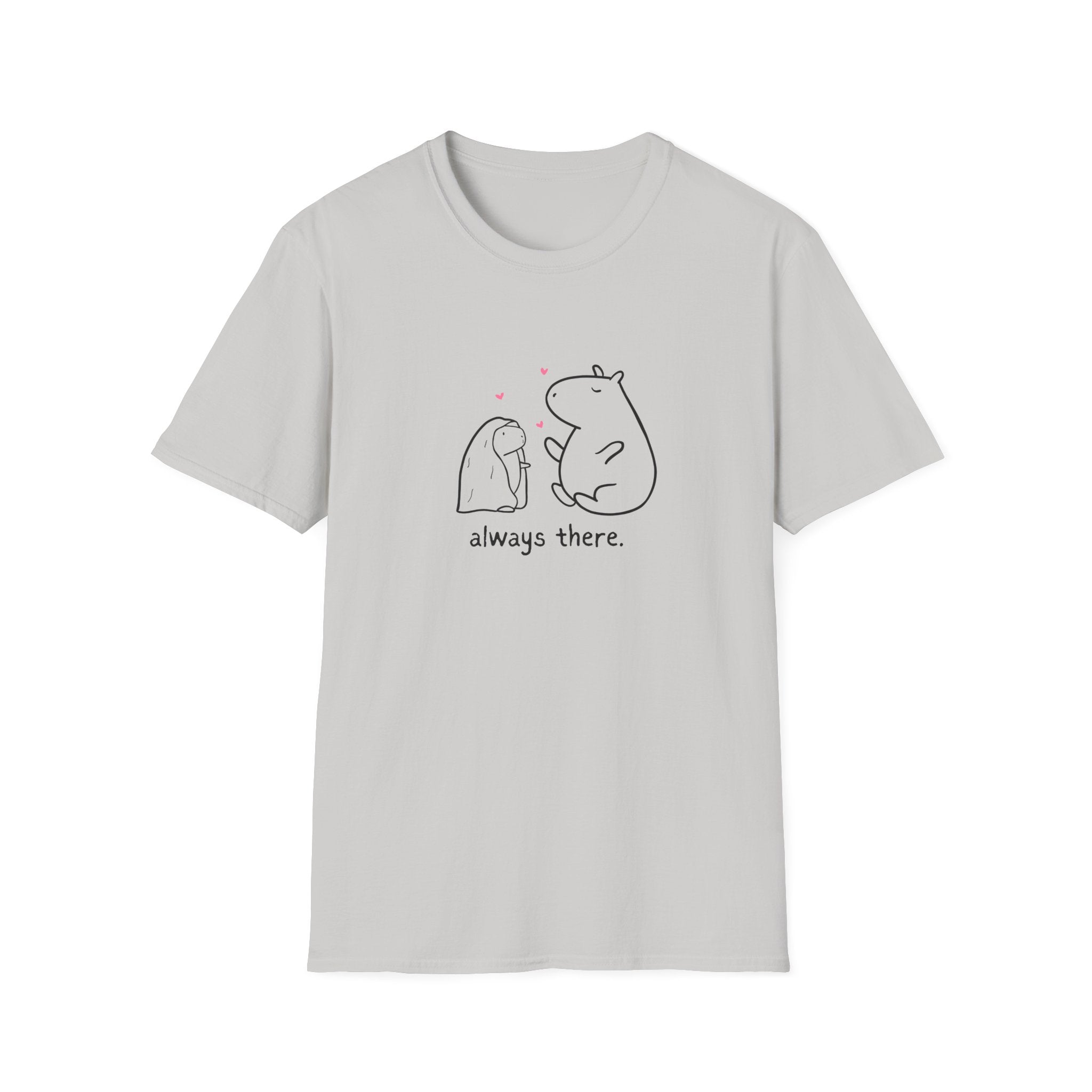 Gray tshirt with a mom and baby capybara and the text "always there"