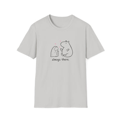 Gray tshirt with a mom and baby capybara and the text "always there"