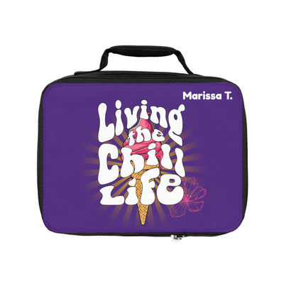 Living the Chill Life insulated lunchbox in bright purple color with fun text and ice cream graphics