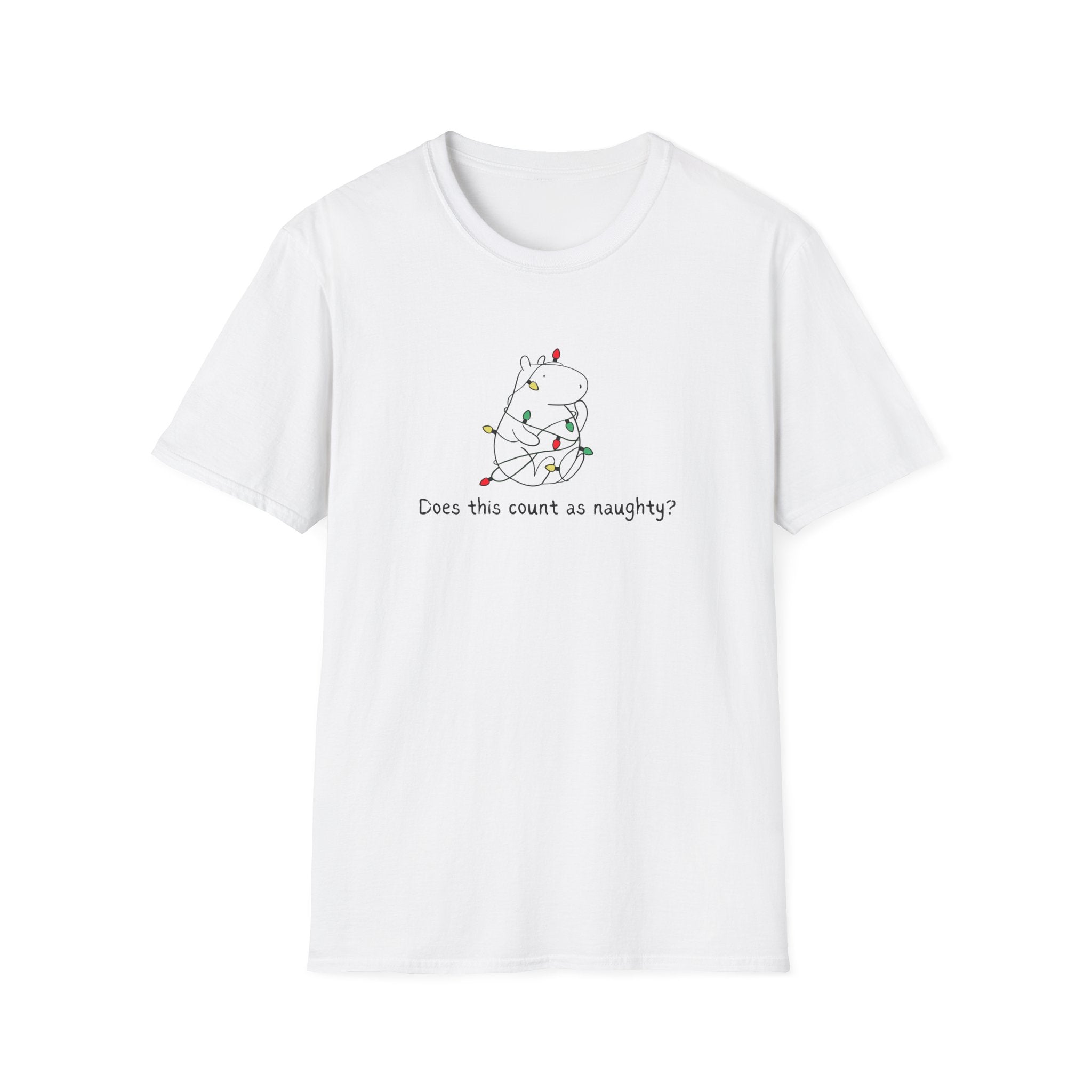 White  t-shirt with a capybara tangled in christmas lights and the humorous phrase "Does this count as naughty?"