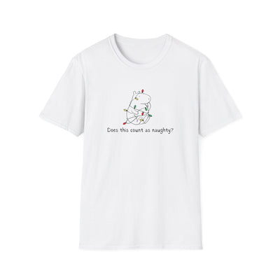 White  t-shirt with a capybara tangled in christmas lights and the humorous phrase "Does this count as naughty?"