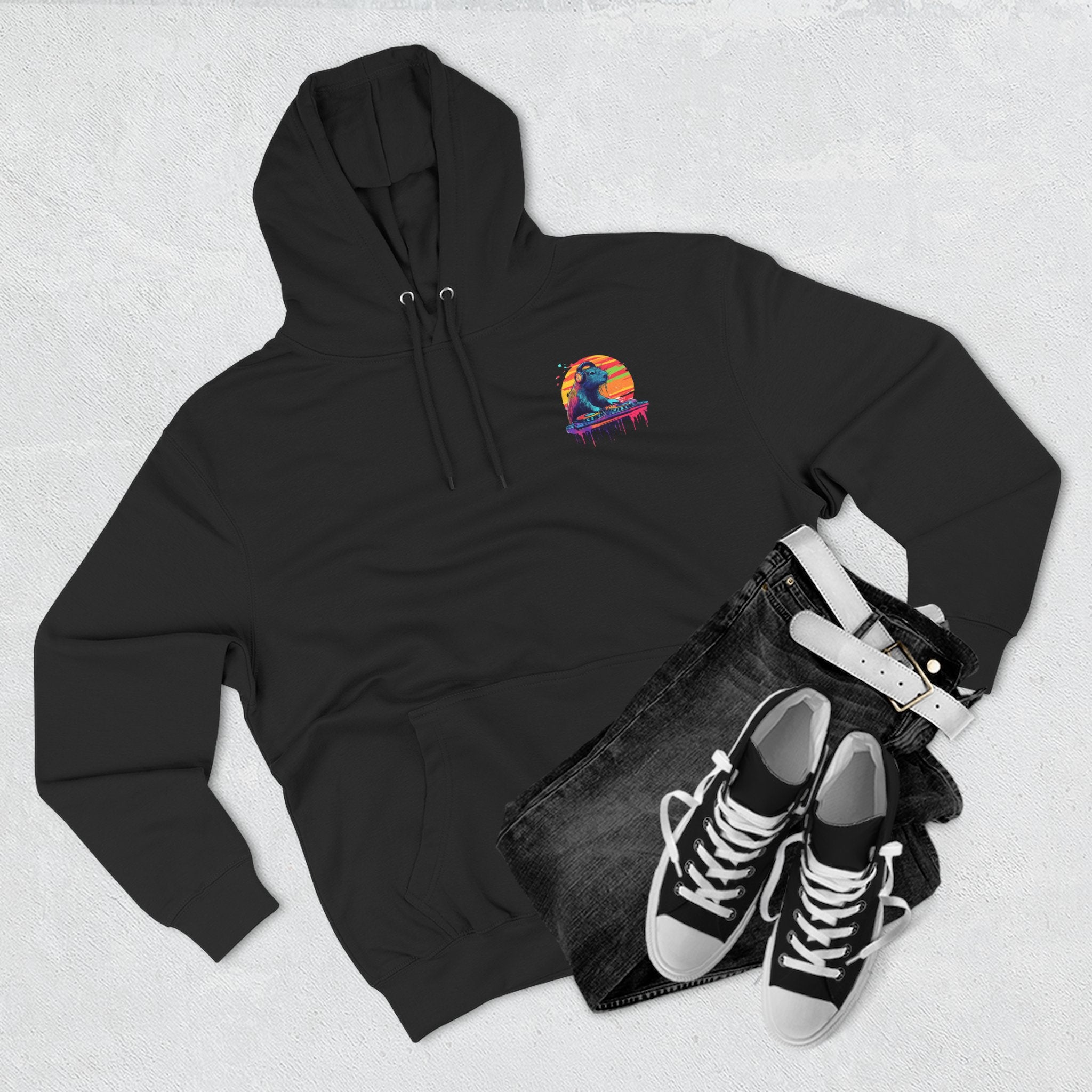 DJ Capybara Hoodie – Lane Seven Premium Fleece – Front Logo + Full Back Print Adult Hoodie