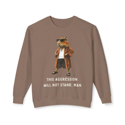 Unisex lightweight crewneck sweatshirt with a capybara wearing sunglasses and a jacket, accompanied by the text "This Aggression Will Not Stand, Man".