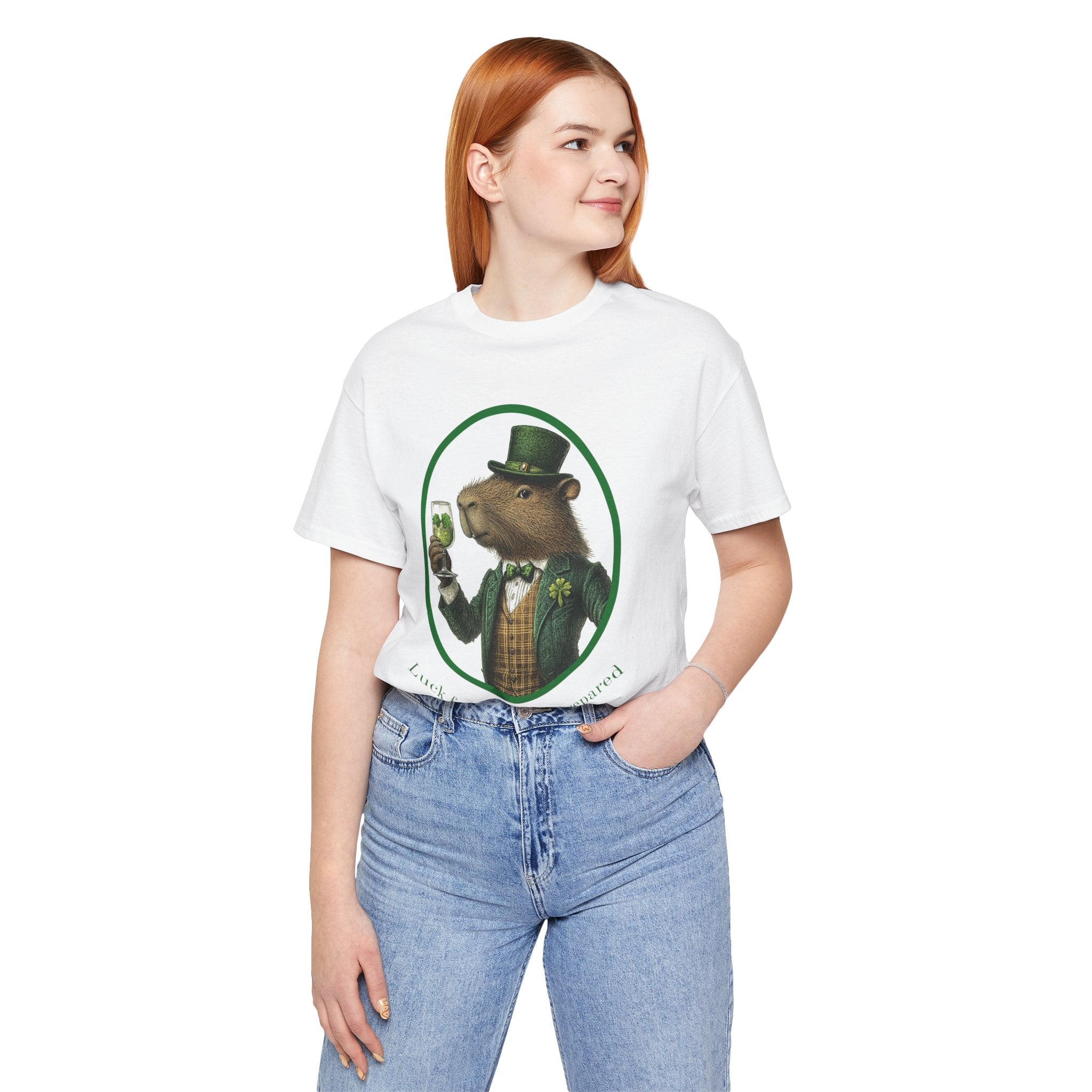 St Patrick's Day Luck Favors the Well Prepared Tee -  Distinguished Capybara Unisex Jersey Short Sleeve Shirt