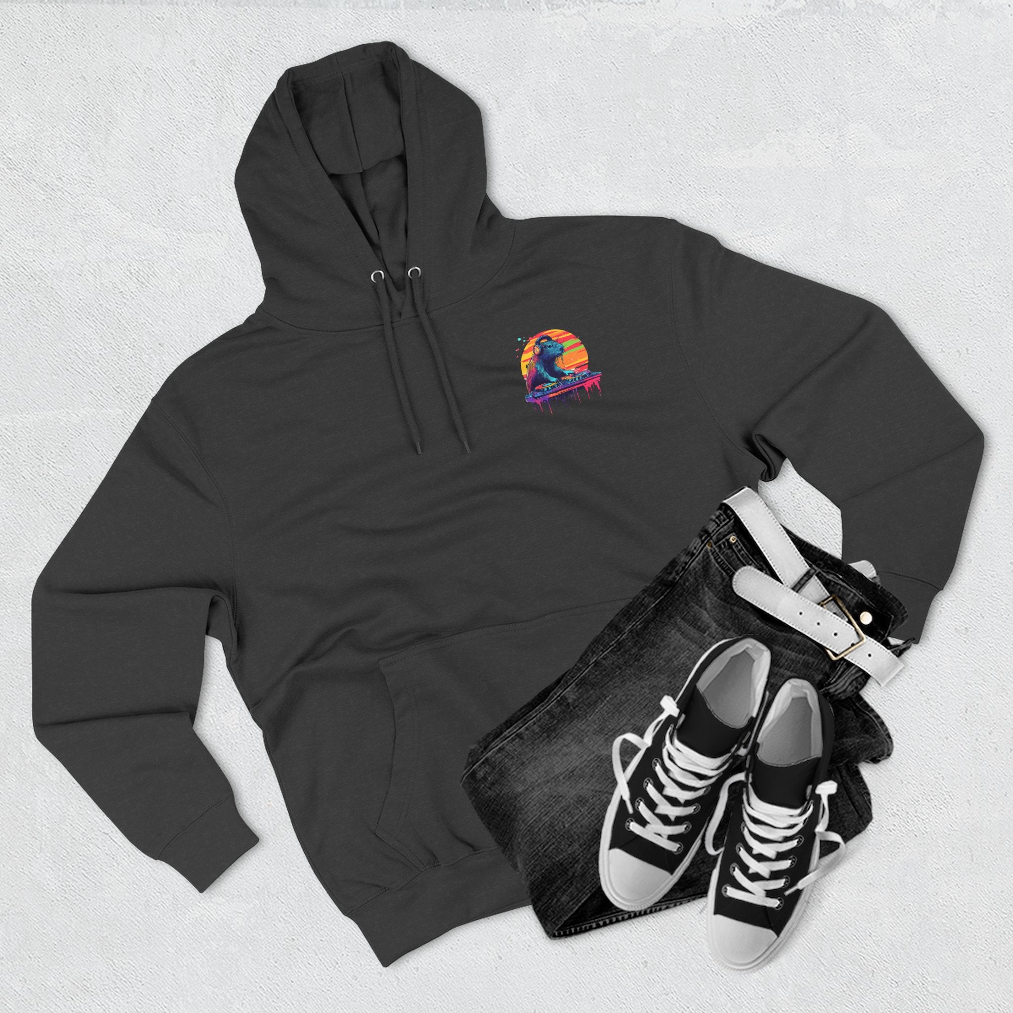 DJ Capybara Hoodie – Lane Seven Premium Fleece – Front Logo + Full Back Print Adult Hoodie