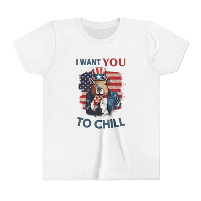 Unisex white t-shirt with patriotic-themed graphic of capybara wearing Uncle Sam hat and text "I WANT YOU TO CHILL