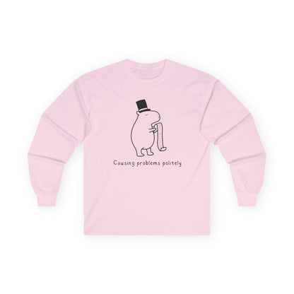 Funny Minimalist Long Sleeve Tee - Capybara Causing Problems Politely