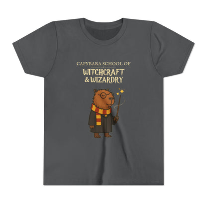 Whimsical Youth Tee - Capybara School of Witchcraft & Wizardry, Funny Hairy Potter Parody | Magical Fandom Gift |  Youth Hairy Potter Unisex Tee