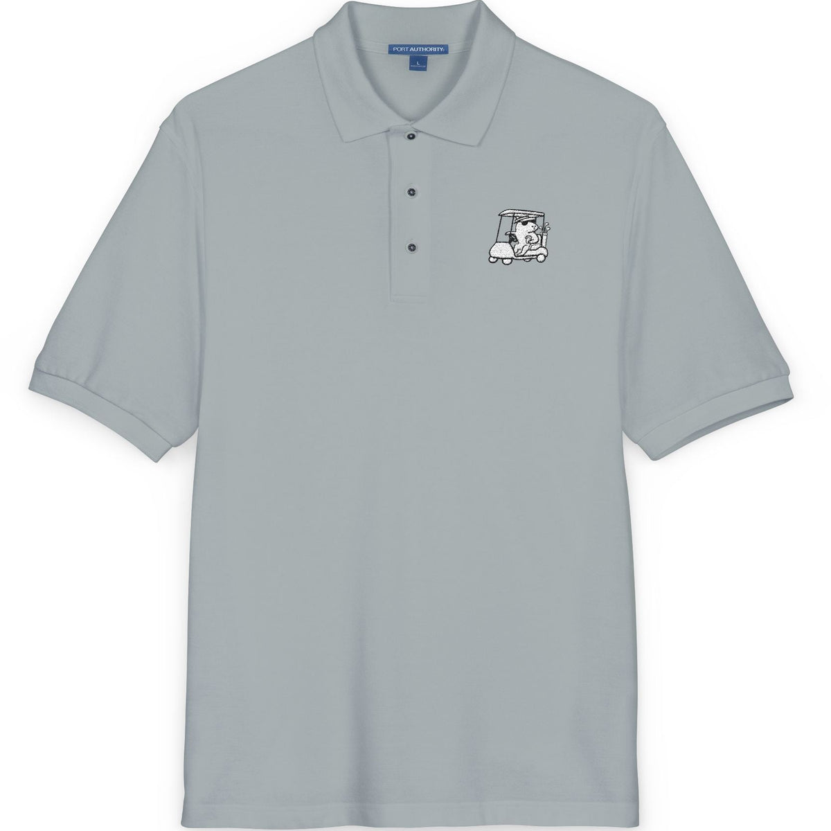 Light gray polo shirt with a small capybara in a cart logo on a white background