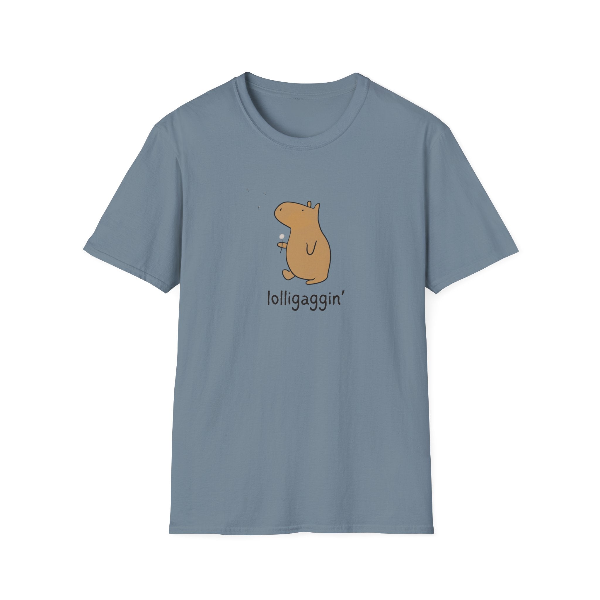 A light blue-gray short-sleeve crewneck t-shirt featuring a cartoon capybara holding a dandelion with the text 'lolligaggin'' printed below it, displayed on a solid white background.