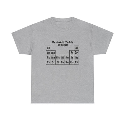 Gray t-shirt with printed periodic table of metals graphic