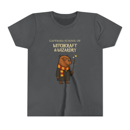 Whimsical Youth Tee - Capybara School of Witchcraft & Wizardry, Funny Hairy Potter Parody | Magical Fandom Gift |  Youth Hairy Potter Unisex Tee