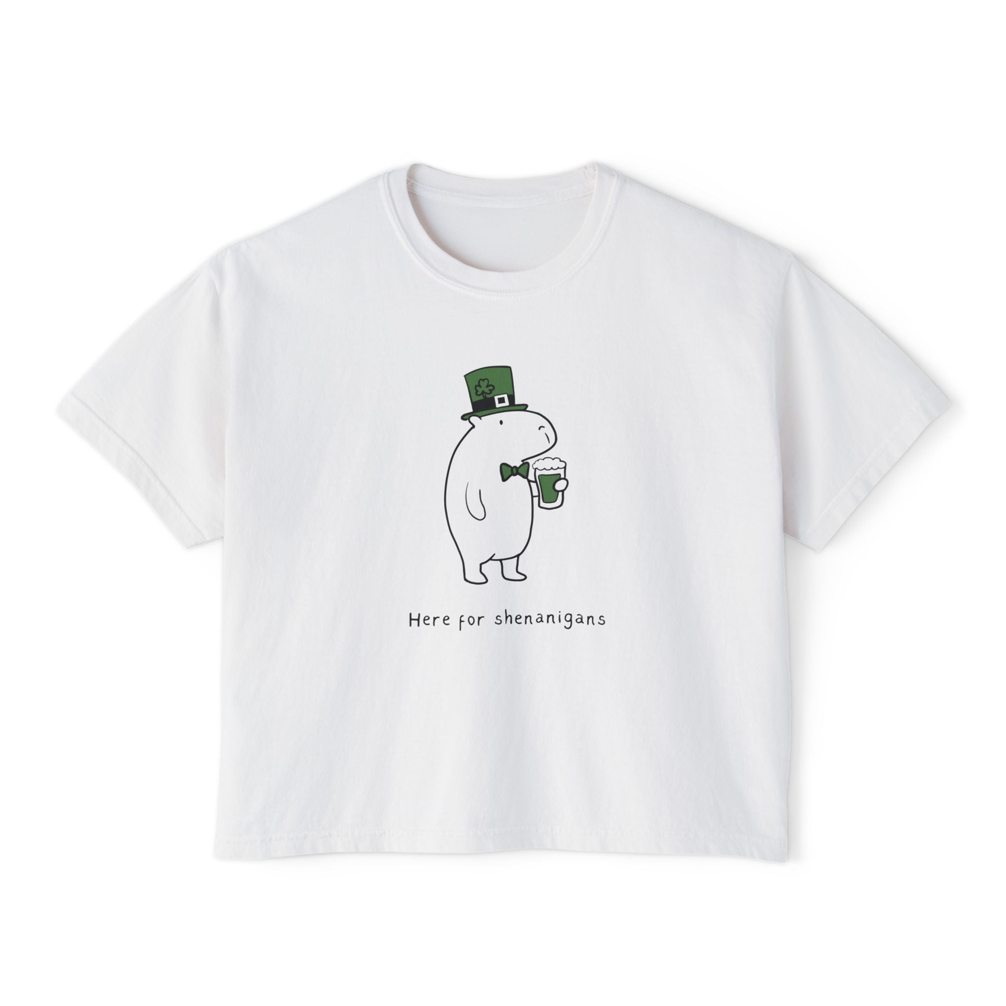 Funny St. Patrick’s Day Shirt – Here for Shenanigans Women's Boxy Tee - detail view