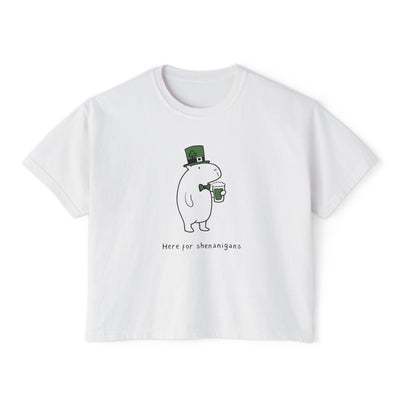 Funny St. Patrick’s Day Shirt – Here for Shenanigans Women's Boxy Tee - detail view