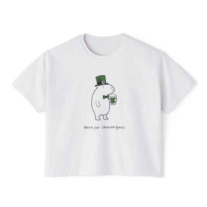 Funny St. Patrick’s Day Shirt – Here for Shenanigans Women's Boxy Tee - detail view