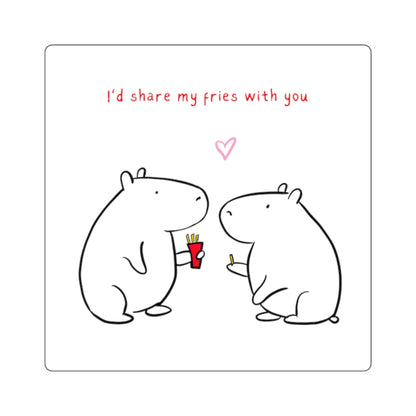 Cute black and white cartoon capybara characters sharing french fries, with text "I'd share my fries with you" and a heart symbol.