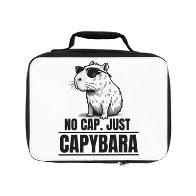 Personalized kids lunchbox with black and white "No Cap. Just Capybara" design and custom name option.
