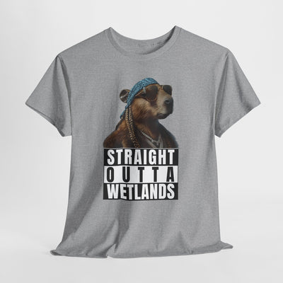 Unisex adult t-shirt with a stylized capybara wearing sunglasses and a bandana, text reads "Straight Outta Wetlands" in black and white.
