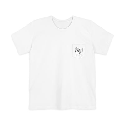 White t-shirt with pocket featuring a grayscale graphic of a capybara playing tennis and the text "Capybara Country Club" on the back.
