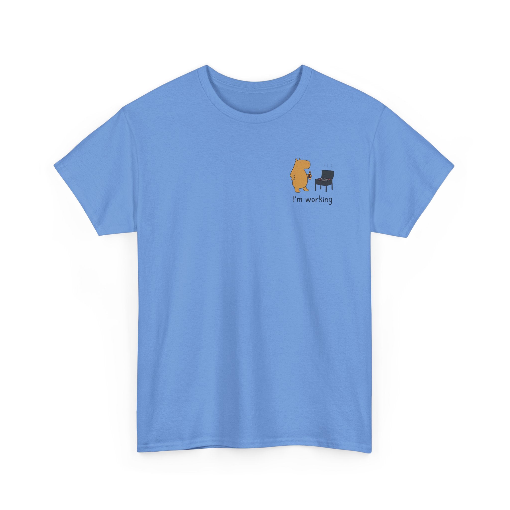 "I'm working"- Funny Grilling Capybara Left Logo Heavy Tee