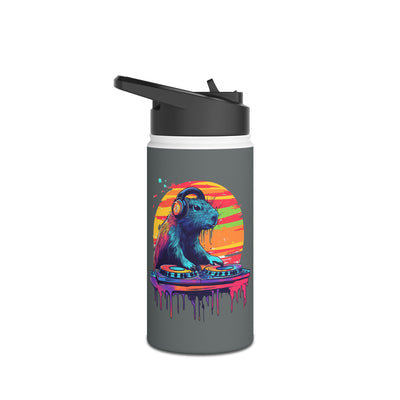 Personalized water bottle featuring colorful illustration of capybara DJ with headphones against sunset backdrop