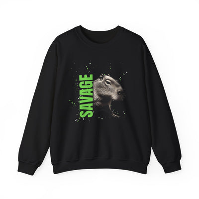Black crewneck sweatshirt with graphic image of a capybara and the text "SAVAGE" in green.