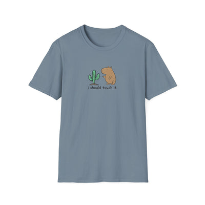 A slate blue short-sleeve t-shirt with a small graphic on the chest showing a green cactus, a brown capybara, and the text 'i should touch it.' on a plain white background.