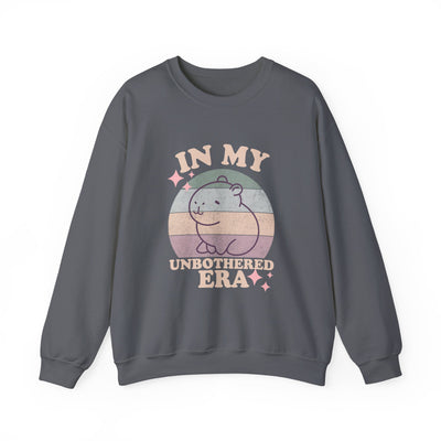 Charcoal gray sweatshirt with retro design featuring a capybara and text "In My Unbothered Era