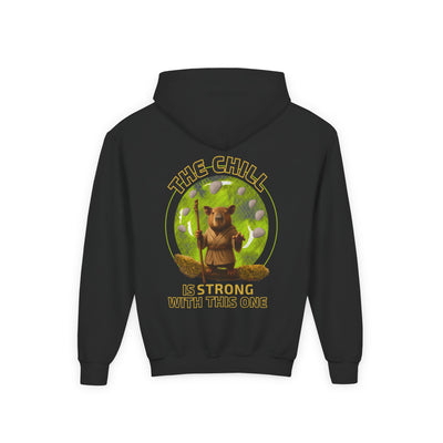 Black hoodie with graphic of a bear in a meditative pose surrounded by mushrooms, with text "The chill is strong with this one".