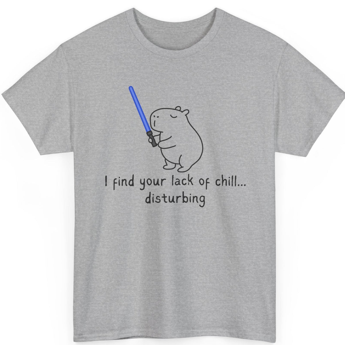 Gray t-shirt with a cartoon capybara holding a lightsaber and text on a white background